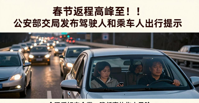 出行提示_春節(jié)返程高速公路免費截止日期_返程安全提示駕駛?cè)俗⒁馐马?/></p>
<p>必須全程系好安全帶，前排乘客要系好，后排乘客同樣也要全程系好，因為這樣做能夠極大程度降低事故傷亡風險。應該給兒童配備適宜的兒童安全座椅。乘坐摩托車務必戴好頭盔。</p>
<p>乘車時不要攜帶危險品，嚴禁攜帶易燃易爆物品上車，要是發(fā)現(xiàn)其他人攜帶，應當及時進行勸阻或者舉報。</p>
<p>不可搭乘超員之車，超員會對車輛制動以及穩(wěn)定性造成嚴重影響，進而增加事故發(fā)生的風險。乘坐長途客車之時，應當挑選站內(nèi)正規(guī)的車輛，拒絕乘坐超員之車。拼車出行同樣需要提前確認人數(shù)，杜絕出現(xiàn)超員的情況。</p>
<p>搭乘車輛期間，要防止出現(xiàn)諸如聊天、搶奪方向盤這般會影響駕駛?cè)税踩倏剀囕v的行為，從而不去打擾駕駛?cè)?，做到不干擾其駕駛。</p>
<p>拒絕乘坐那種所謂的“黑車”，要經(jīng)由正規(guī)門路去購票乘車，萬萬不能乘坐那種缺少監(jiān)管，并且存在大安全憂患，屬于非法運營的車輛。</p>
<p>警方作出提醒，在返程的路途之中，務必要做到文明地駕駛車輛，要預先去規(guī)劃好路線，以及規(guī)劃好時間，盡可能地去避開高峰時段，以此來確保能夠平安地返程。</p></div>
    <div   id="1j8knsvnk"   class="clearfix"></div>
        <h5 class="post-tags"><span id="1j8knsvnk"    class="glyphicon glyphicon-tags"></span> <a href="http://m.glecookware.com/tags-6077.html" title="春節(jié)返程">春節(jié)返程</a><a href="http://m.glecookware.com/tags-2323.html" title="交通安全">交通安全</a><a href="http://m.glecookware.com/tags-7306.html" title="駕駛提示">駕駛提示</a><a href="http://m.glecookware.com/tags-8482.html" title="乘車須知">乘車須知</a><a href="http://m.glecookware.com/tags-2308.html" title="安全出行">安全出行</a></h5>
        <div   id="1j8knsvnk"   class="alert alert-info p-copyright" role="alert">
        <p> 本站文章除注明轉(zhuǎn)載/出處外，均為本站原創(chuàng)或翻譯。若要轉(zhuǎn)載請務必注明出處，尊重他人勞動成果共創(chuàng)和諧網(wǎng)絡環(huán)境。 </p>
        <p> 轉(zhuǎn)載請注明 : 文章轉(zhuǎn)載自 ?<a href="http://m.glecookware.com/" rel="bookmark" title="作者：admin"> 途訊交通網(wǎng) </a>?<a href="http://m.glecookware.com/txfl-3.html" rel="bookmark" title="網(wǎng)站分類：出行攻略與工具"> 出行攻略與工具 </a> ?<a href="http://m.glecookware.com/tx/15062.html" rel="bookmark" title="本文固定鏈接：http://m.glecookware.com/tx/15062.html"> 春節(jié)返程高峰至！公安部交管局發(fā)布駕駛?cè)撕统塑嚾顺鲂刑崾?</a> </p>
    </div>
    <div   id="1j8knsvnk"   class="clearfix"></div>
    <ul class="post-share-tools">
        <li><a href="javascript:;" class="share-tools praise" xv=